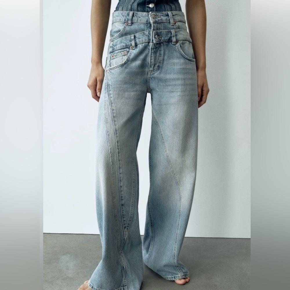 COPY - ZARA Asymmetrical Wide Leg Double Waistband Jeans Size 12